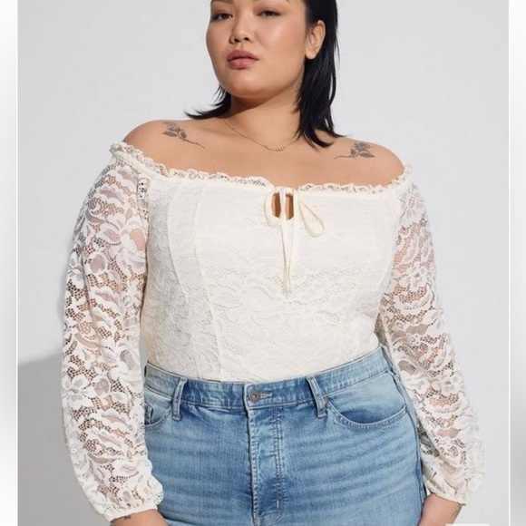 Torrid Stretch Lace Off Shoulder Corset Seamed Long Sleeve Top - Picture 4 of 9